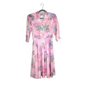 Vintage California Looks Dress Pink Size 10P Cottagecore Ferns Leaves Belt 1980s